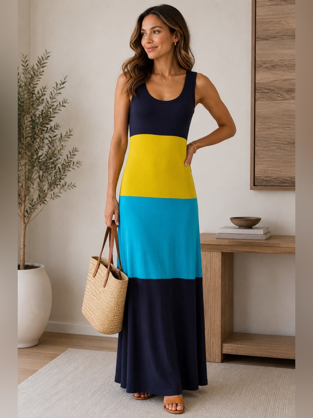 Calvin Klein Colorblock Maxi Dress Size 2 Navy Teal Yellow Sleeveless Tank Dress